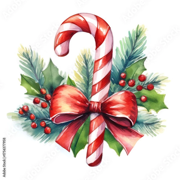 Fototapeta Watercolor christmas red and white candy cane, with a red ribbon. The candy cane is decorated with fir branches, holly and red berries isolated on a white background. Perfect illustration for winter