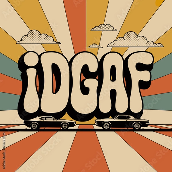 Fototapeta Retro vibes two classic cars drive under a psychedelic sunburst sky with stylized clouds and bold idgaf text vector