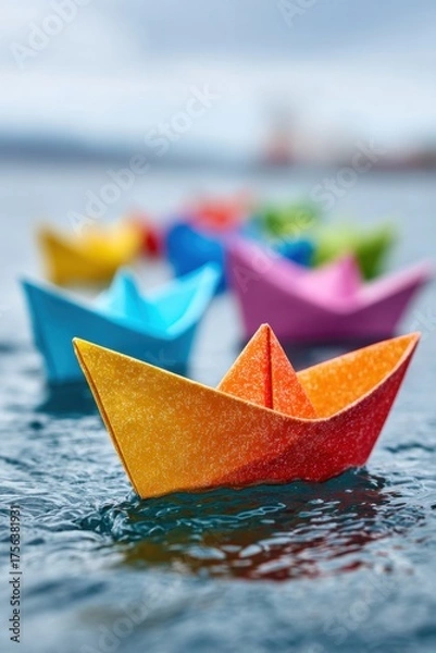 Fototapeta Colorful paper boats floating on water in a serene afternoon setting near the shore