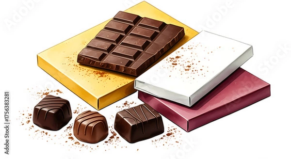 Fototapeta Chocolate bar and truffles with gift boxes isolated on transparent background