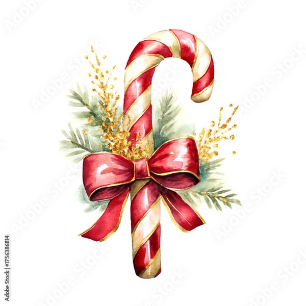 Fototapeta Watercolor christmas red and white candy cane, with a red ribbon. The candy cane is decorated with golden glitter, golden and green fir branches, isolated on a white background. Perfect for winter