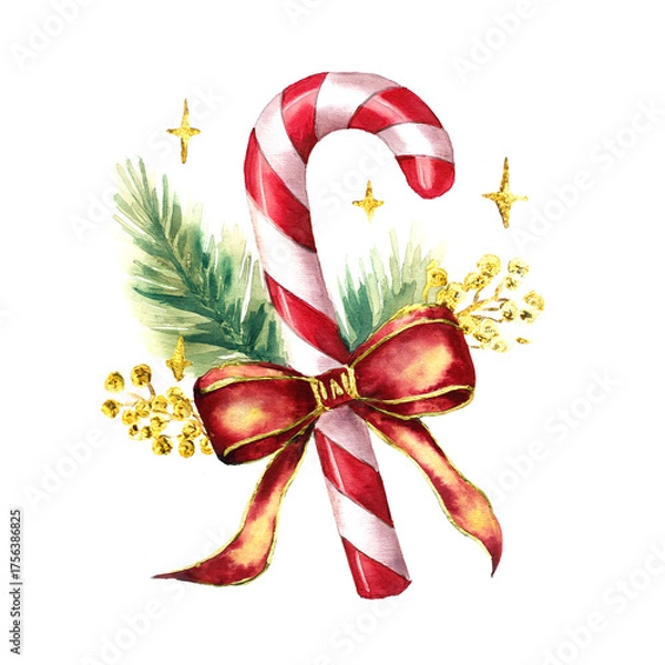Fototapeta Watercolor christmas red and white candy cane, with a red ribbon. The candy cane is decorated with golden glitter, fir branches, golden berries and stars isolated on a white background. 