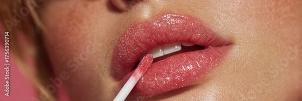 Fototapeta lip gloss lipstick woman makeup beauty lipgloss mouth girl glossy red. model lip gloss lipstick sexy make fashion closeup paint nature feminine applying face fun liquid people macro drop sensual brush