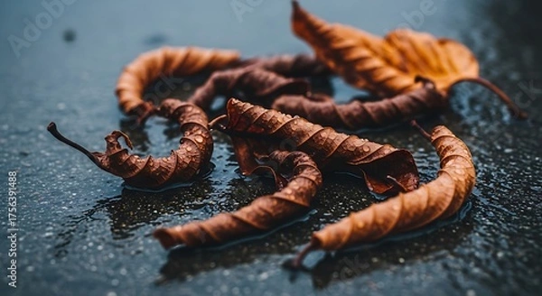 Obraz Autumn Leaves on Wet Pavement: Fall Season Moody Close-up