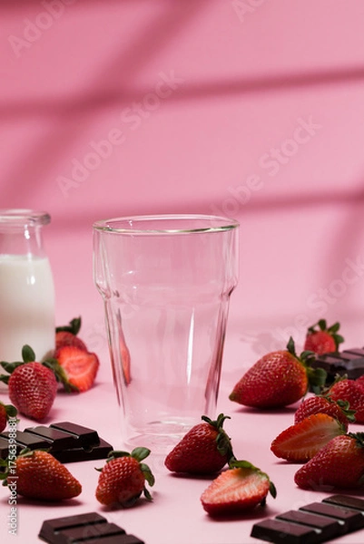 Obraz Pink background with empty glass and strawberries