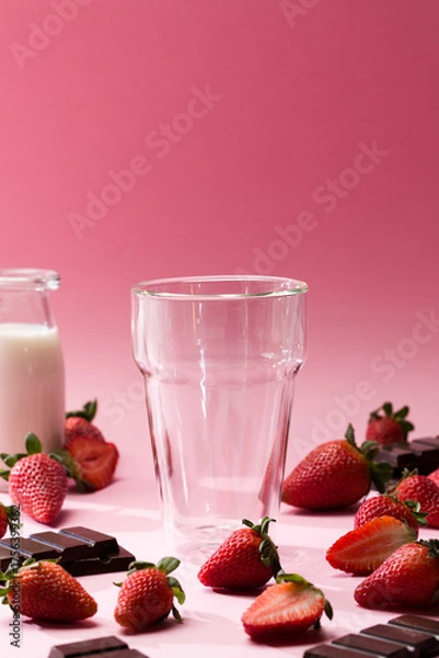 Obraz Pink background with empty glass and strawberries