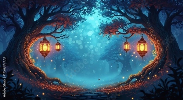 Obraz Enchanted Forest: Glowing Lanterns in a Mystical Night Landscape