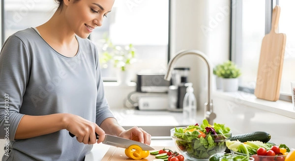 Obraz Smiling woman preparing fresh salad with bell peppers in bright kitchen for healthy eating and nutrition, food preparation concept