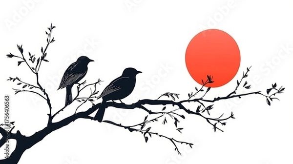 Fototapeta Two dark birds perched on a bare tree branch against a vibrant orange sun