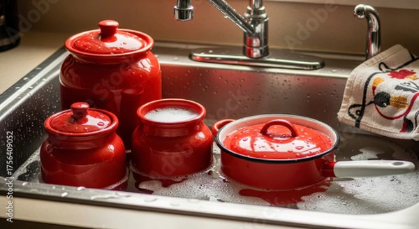 Fototapeta Red kitchen pots soaking in soapy sink.