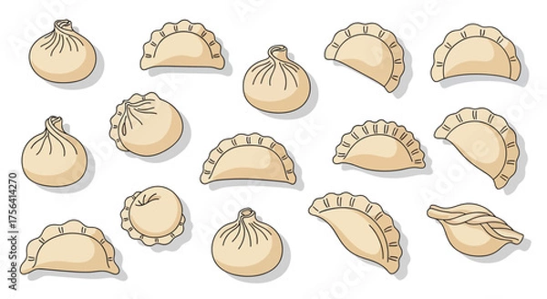 Fototapeta Appetizing Assortment of Hand-Drawn Dumplings Isolated on White Canvas