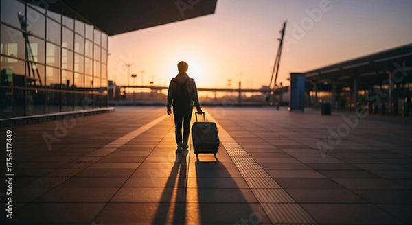 Fototapeta Silhouette of person with rolling suitcase walking towards sunset at modern airport terminal