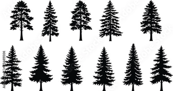 Fototapeta Collection of pine tree silhouettes, evergreen conifer forest tree vector set for nature, winter, Christmas, and landscape design