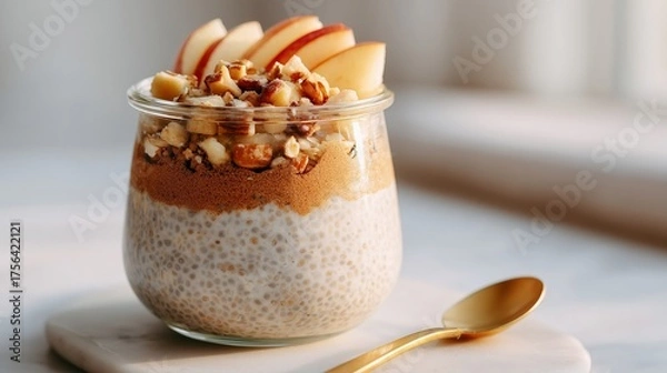 Fototapeta Close up of a glass jar filled with layered apple, chia seeds, and nuts, showcasing a healthy dessert with vibrant colors and textures, perfect for food photography