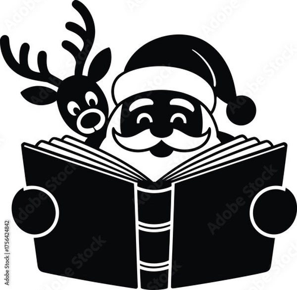 Fototapeta Whimsical silhouette of santa claus and a reindeer reading an open book together during the christmas season