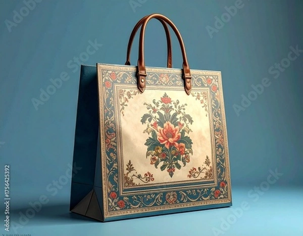 Fototapeta Elegant tote bag with intricate floral pattern and leather handles, perfect for stylish shopping.