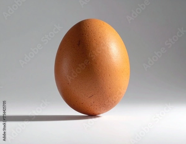 Fototapeta A single brown egg stands upright on a white surface with dramatic lighting and shadow.