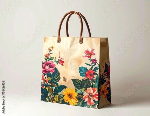 Fototapeta Elegant paper shopping bag adorned with vibrant, colorful floral illustrations against a soft background.
