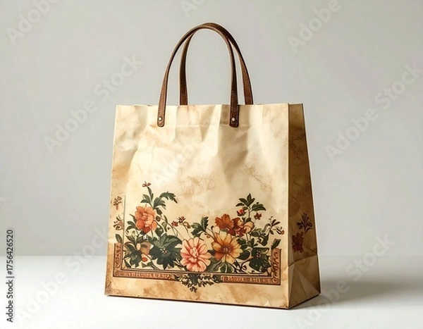 Fototapeta Vintage paper shopping bag with floral design and leather handles on a plain background