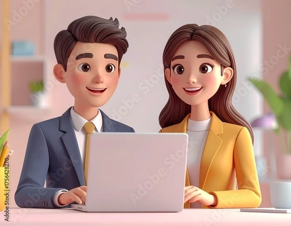Fototapeta Happy cartoon business couple working together on a laptop in a modern office setting