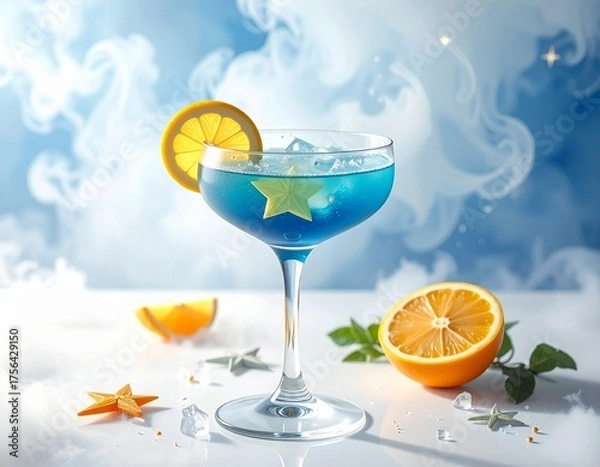 Fototapeta Refreshing blue cocktail with citrus and ice, served with a star garnish and a dreamy cloud backdrop.
