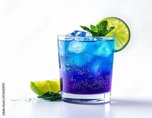 Fototapeta Vibrant layered blue and purple cocktail with lime and mint garnish, perfect for summer refreshment.