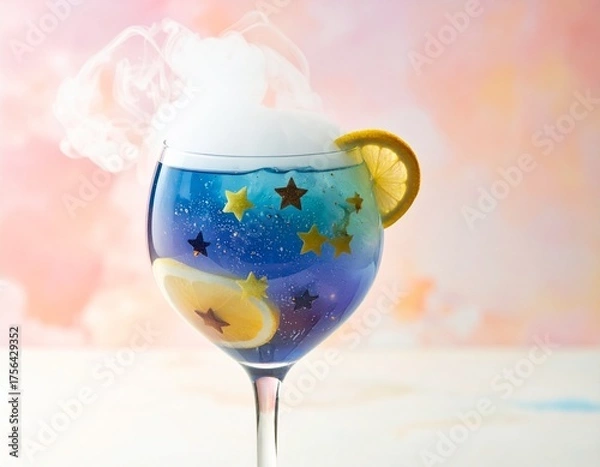 Fototapeta Whimsical galaxy cocktail with smoky effect and citrus garnish, perfect for celebrations.
