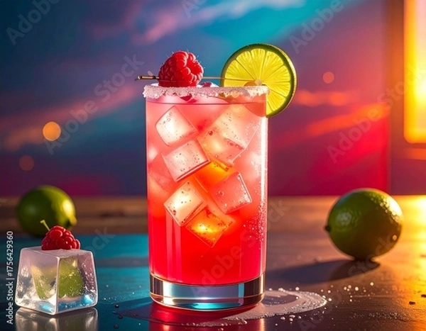 Fototapeta Refreshing pink cocktail with lime and raspberry garnish, perfect for a summer sunset.