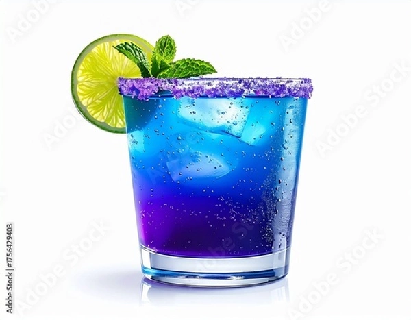 Fototapeta Vibrant blue and purple cocktail garnished with lime and mint, perfect for summer refreshment.
