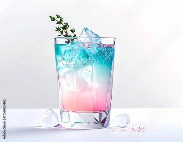 Fototapeta Refreshing layered cocktail with ice and herb garnish, perfect for a summer celebration.