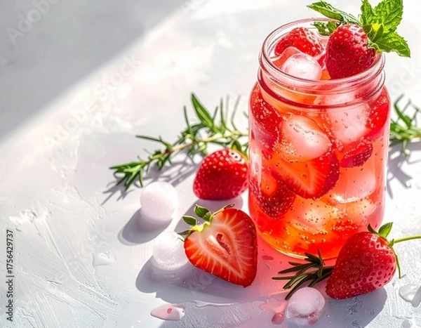 Fototapeta Refreshing strawberry infused water with ice and mint in a mason jar on a bright sunny day