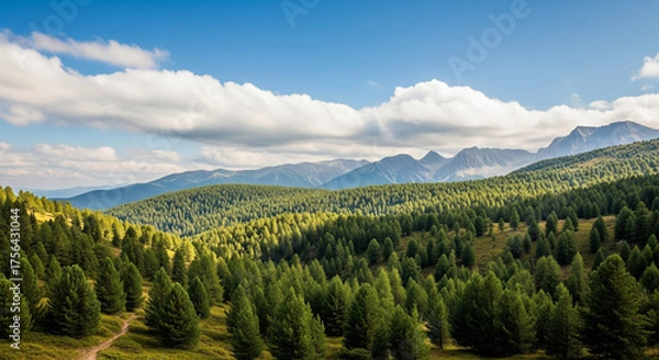 Fototapeta view of green mountains during the day with bright sun