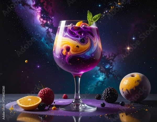 Fototapeta Exotic cosmic cocktail with swirling vibrant colors and fresh fruit garnish, evoking wonder and imagination.