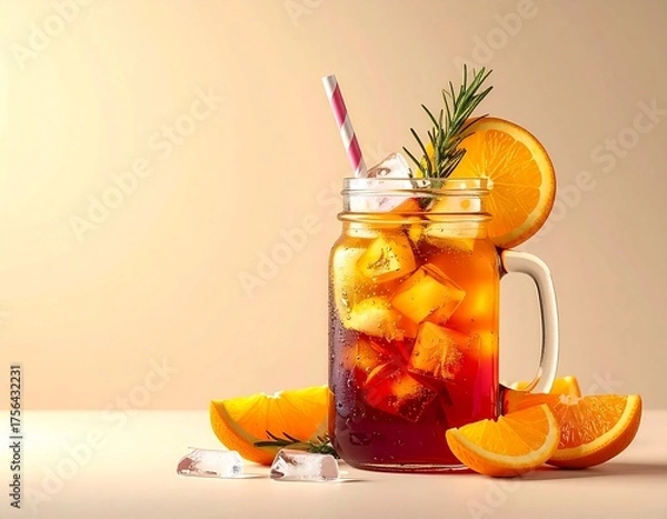 Fototapeta Refreshing orange cocktail with ice and rosemary garnish in a mason jar, perfect for a summer day.