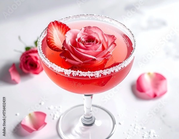 Fototapeta Elegant pink cocktail garnished with a rose and strawberry slice, perfect for celebrations.