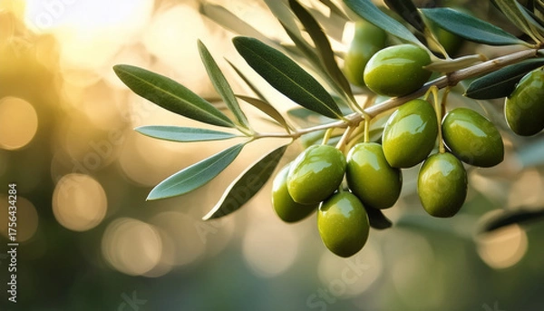 Fototapeta green olives on branch with bokehs