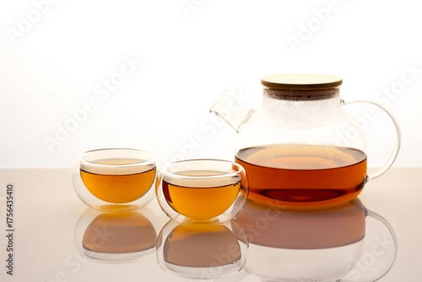 Fototapeta Glass Teapot and caps with black tea isolated on white background with reflection 