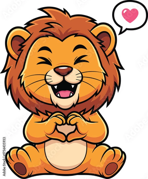 Fototapeta Adorable cartoon lion cub sitting and making a heart shape with paws expressing love vector illustration