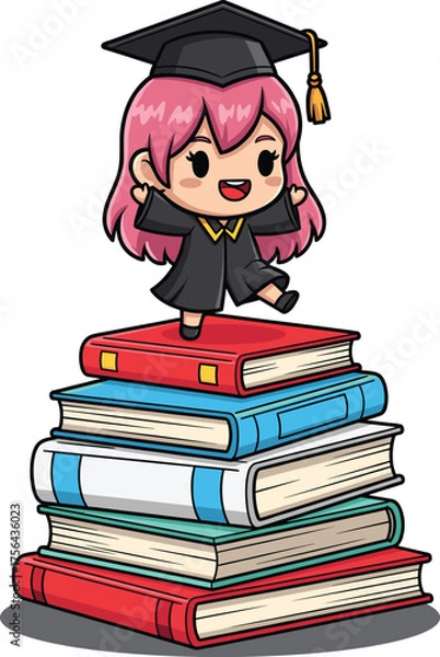 Fototapeta Joyful cartoon graduate character standing atop a stack of colorful academic books vector illustration