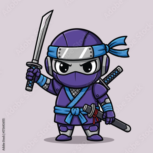 Fototapeta Adorable chibi ninja warrior in purple holding two sharp swords ready for action vector illustration
