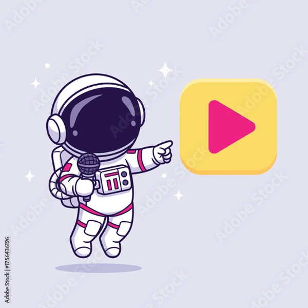 Fototapeta Cute astronaut holding microphone points to play button icon in space illustration vector illustration