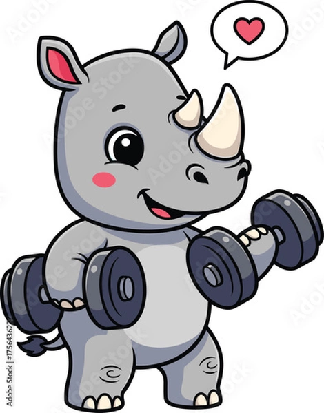Fototapeta Adorable cartoon rhinoceros character lifting weights with a heart symbol above its head vector illustration