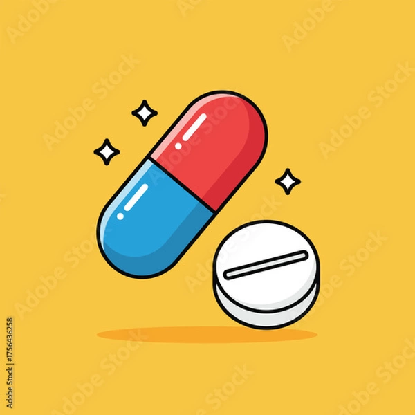 Fototapeta Illustration of a red and blue capsule alongside a white round pill with a line on a yellow background vector illustration