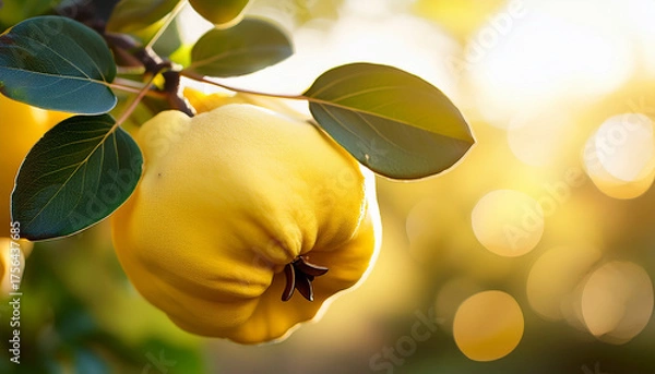 Fototapeta quince fruit on a branch with bokehs