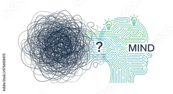 Fototapeta Conceptual illustration of mind with tangled thoughts and organized solutions