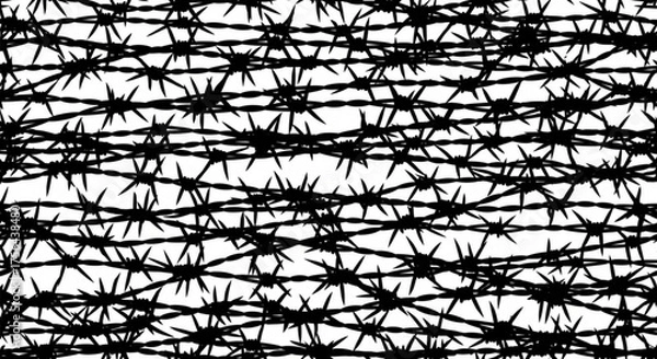 Fototapeta Black barbed wire fence silhouette against white background creates stark contrast