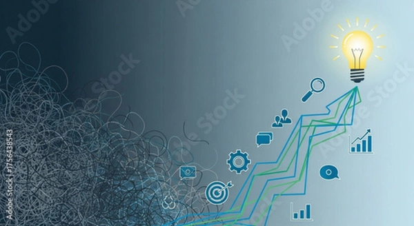 Fototapeta Business growth concept with lightbulb and upward trending graph on blue background