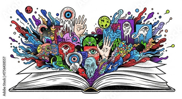 Fototapeta Open book unleashing a colorful explosion of surreal and psychedelic illustrations