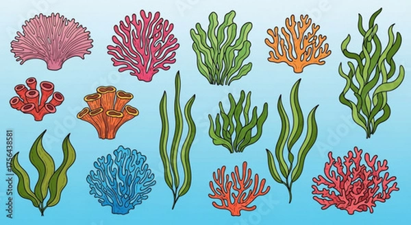 Fototapeta Colorful coral and seaweed illustrations on a gradient blue background pattern