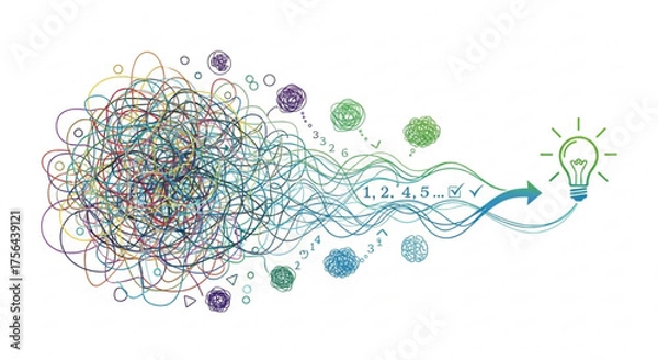 Fototapeta From chaos to clarity concept with tangled lines leading to a bright idea bulb